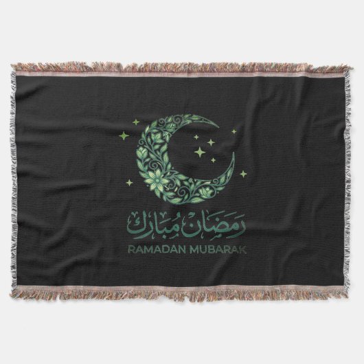 Elegant Green Floral Crescent Ramadan Mubarak Arab スローブランケット (正面)