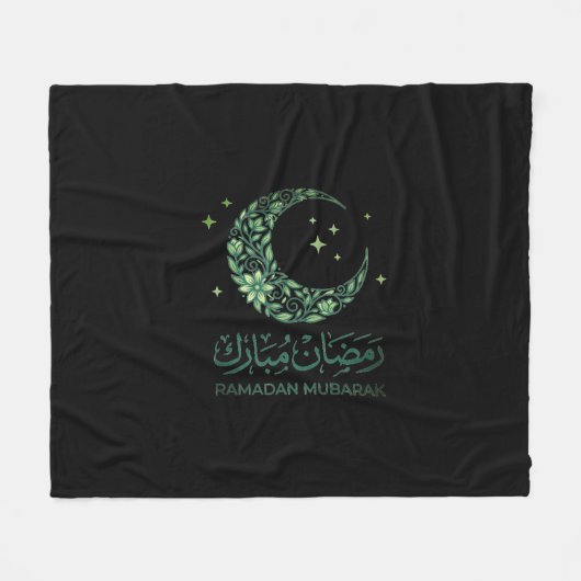 Elegant Green Floral Crescent Ramadan Mubarak Arab フリースブランケット (正面(横))