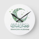 Elegant Green Floral Crescent Ramadan Mubarak Arab ラウンド壁時計 (正面)