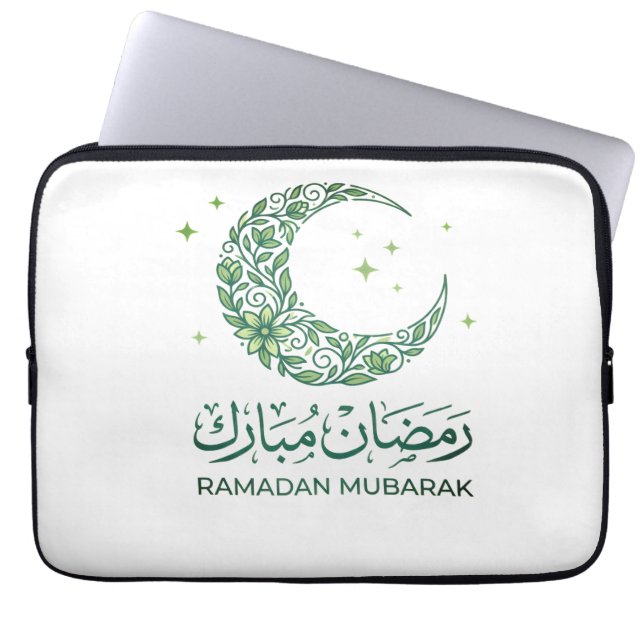 Elegant Green Floral Crescent Ramadan Mubarak Arab ラップトップスリーブ (正面)