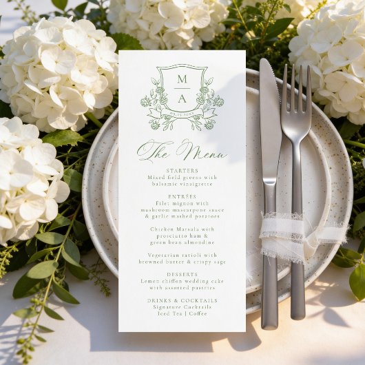 Elegant Green Floral Crest Monogram Wedding メニュー