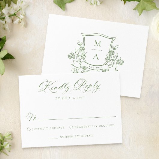 Elegant Green Floral Crest Monogram Wedding 出欠カード
