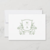 Elegant Green Floral Crest Monogram Wedding 出欠カード (裏面)