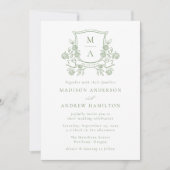 Elegant Green Floral Crest Monogram Wedding 招待状 (正面)