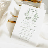 Elegant Green Floral Crest Monogram Wedding 招待状
