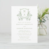 Elegant Green Floral Crest Photo Wedding 招待状 (スタンド正面)