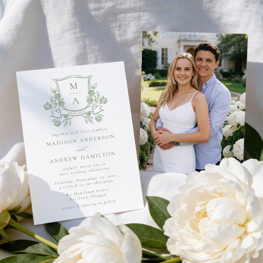 Elegant Green Floral Crest Photo Wedding 招待状