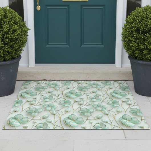 Elegant Green Floral Door Mat ドアマット