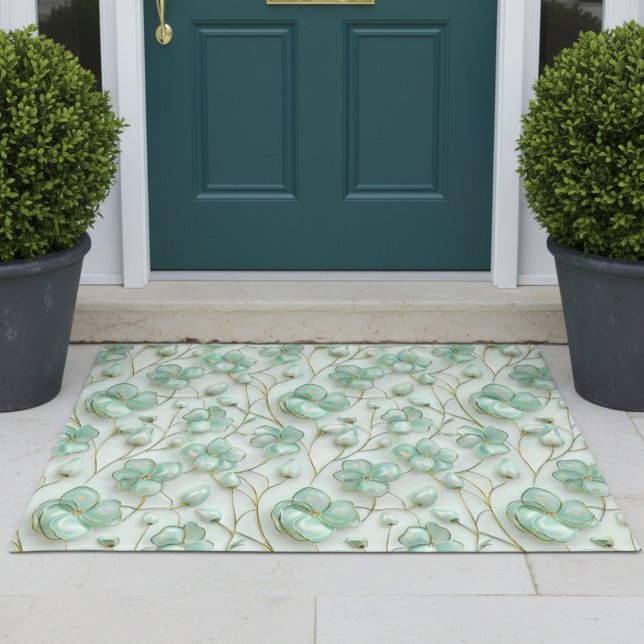 Elegant Green Floral Door Mat ドアマット (elegant glam luxe aqua mint green and gold floral door mat)