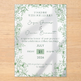 Elegant Green Floral Line Art Wedding Invitation  アクリル招待状