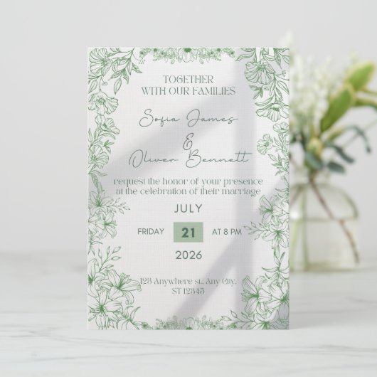Elegant Green Floral Line Art Wedding Invitation  招待状 (スタンド正面)