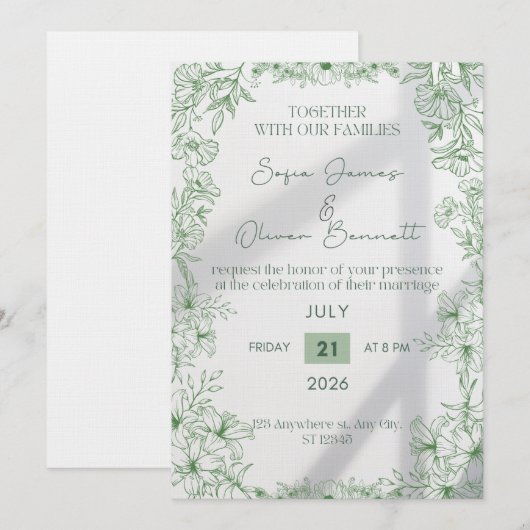 Elegant Green Floral Line Art Wedding Invitation  招待状 (正面/裏面)