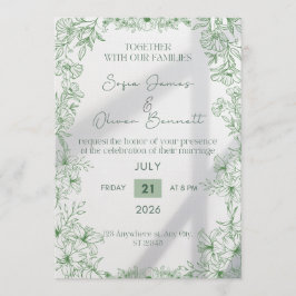Elegant Green Floral Line Art Wedding Invitation  招待状