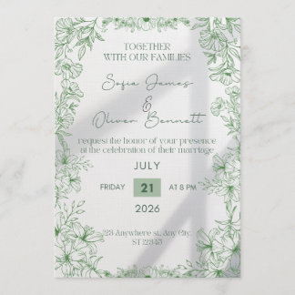 Elegant Green Floral Line Art Wedding Invitation  招待状