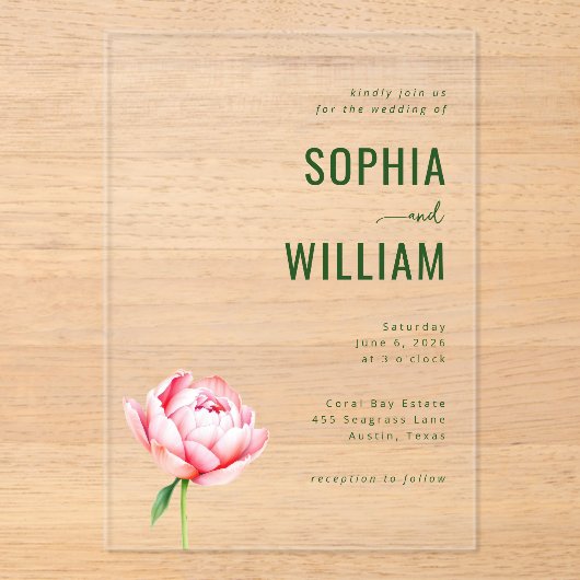 Elegant Green Floral Wedding Invitation アクリル招待状 (正面)