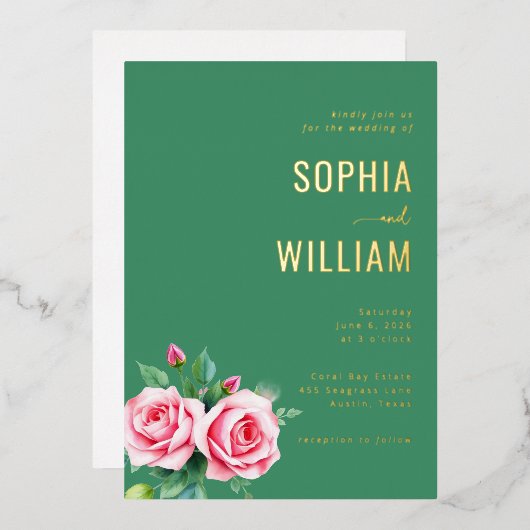 Elegant Green Floral Wedding Invitation 箔招待状 (正面/裏面)