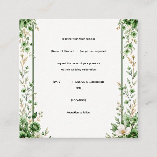 Elegant Green Floral Wedding Invitation Template エンクロージャーカード (正面)