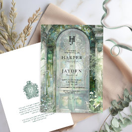 Elegant Green Garden Watercolor Wedding Monogram 招待状