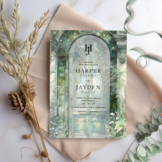 Elegant Green Garden Watercolor Wedding Monogram 招待状