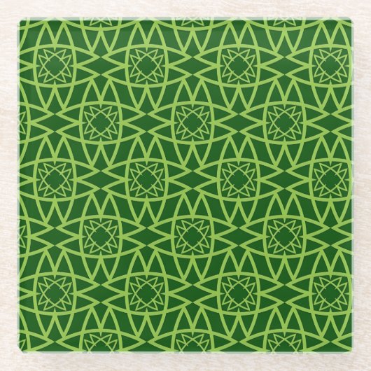  Elegant Green Geometric Patterns ガラスコースター (正面)