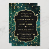 Elegant Green & Gold Celestial Starry Wedding 招待状 (正面/裏面)