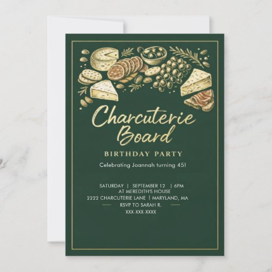 Elegant Green & Gold Charcuterie Board Birthday 招待状 (正面)