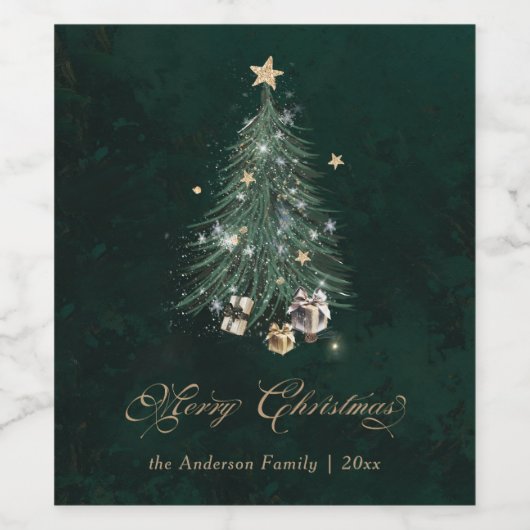 Elegant Green Gold Christmas Tree ワインラベル (シングルラベル)