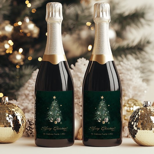 Elegant Green Gold Christmas Tree ワインラベル