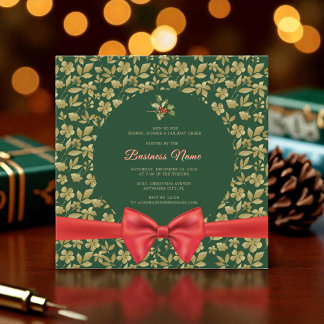 Elegant Green Gold Floral Christmas Business Party 招待状