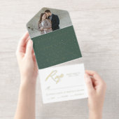 Elegant Green Gold Foil Calligraphy Photo Wedding オールインワン招待状 (切り取り部)