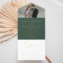 Elegant Green Gold Foil Calligraphy Photo Wedding オールインワン招待状