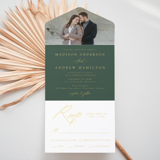 Elegant Green Gold Foil Calligraphy Photo Wedding オールインワン招待状