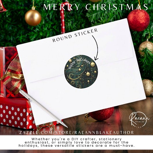 Elegant Green & Gold Happy Holidays Sticker ラウンドシール