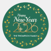 Elegant Green & Gold Happy New Year 2026 Sticker ラウンドシール (正面)