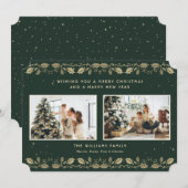 Elegant Green Gold Holly Stars Photo シーズンカード (正面/裏面)