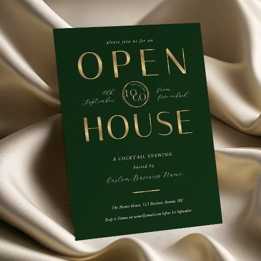 Elegant Green & Gold Logo Business Open House 招待状