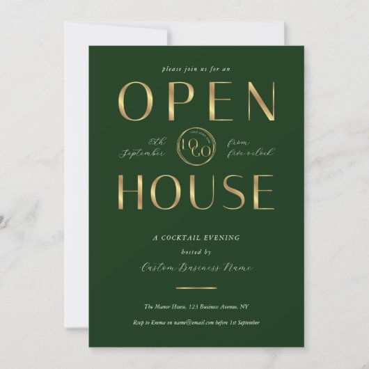 Elegant Green & Gold Logo Business Open House 招待状 (正面)