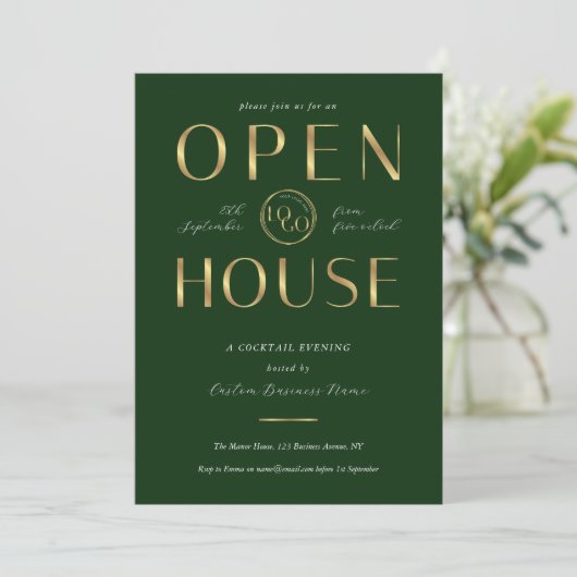 Elegant Green & Gold Logo Business Open House 招待状 (スタンド正面)