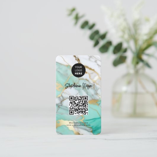 Elegant Green Gold Marble Logo & QR Code Modern 名刺 (スタンド正面)
