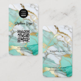 Elegant Green Gold Marble Logo & QR Code Modern 名刺