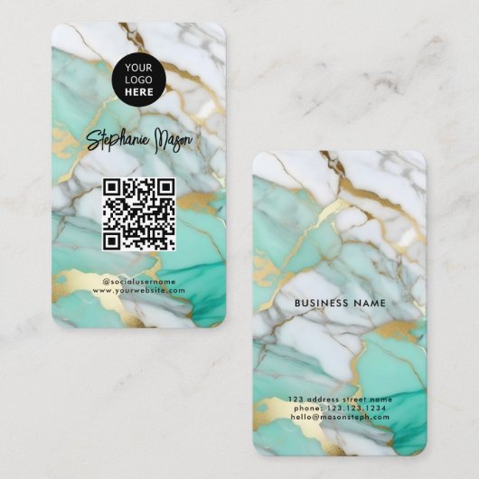 Elegant Green Gold Marble Logo & QR Code Modern 名刺 (正面/裏面)