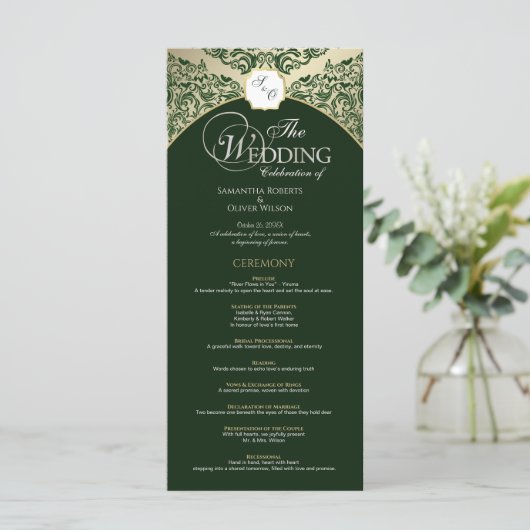 Elegant Green & Gold Monogram Wedding Program プログラム (スタンド正面)
