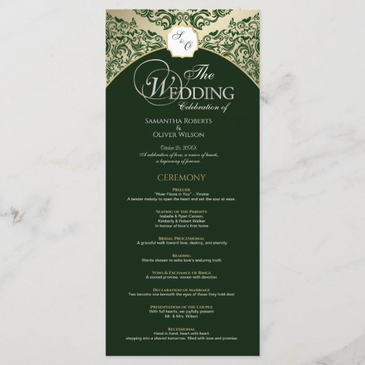 Elegant Green & Gold Monogram Wedding Program プログラム (正面)