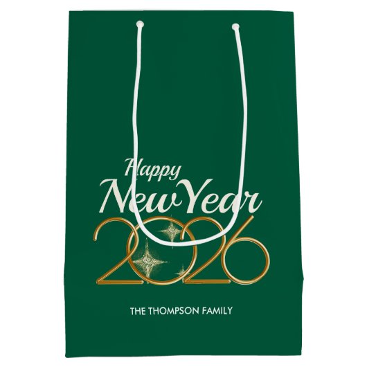 Elegant Green & Gold “New Year 2026” Personalized  ミディアムペーパーバッグ (裏面)