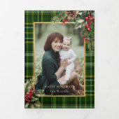 Elegant Green/Gold Plaid Holly Christmas Photo  三つ折りカード (カバー)