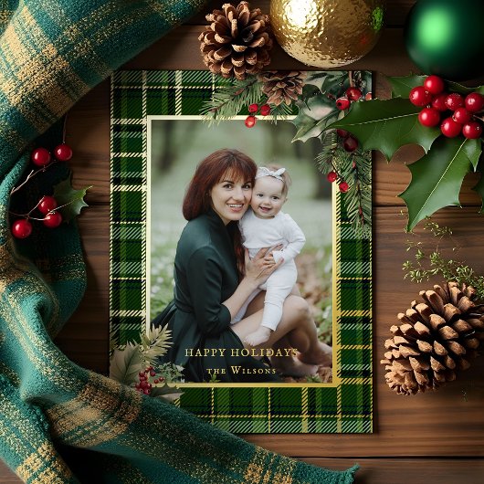 Elegant Green/Gold Plaid Holly Christmas Photo 箔シーズンカード