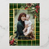 Elegant Green/Gold Plaid Holly Christmas Photo 箔シーズンカード (正面)
