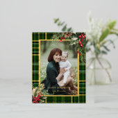 Elegant Green/Gold Plaid Holly Christmas Photo 箔シーズンポストカード (立ち正面)
