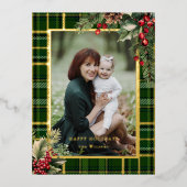 Elegant Green/Gold Plaid Holly Christmas Photo 箔シーズンポストカード (正面)