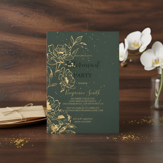 Elegant Green Gold Retirement Party Invitation Flo 招待状